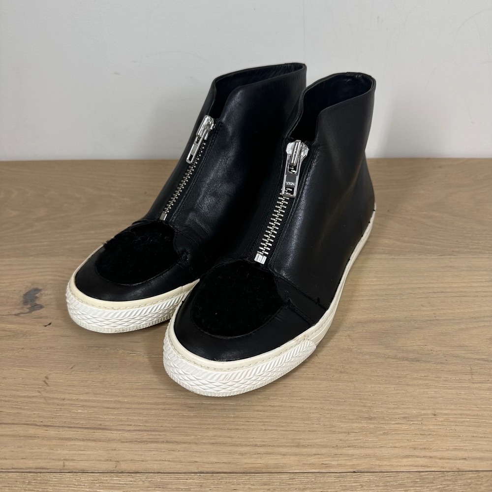 Loeffler Randall High Top Sneaker Womens 8 Black Leather Zip Front Fur Trim